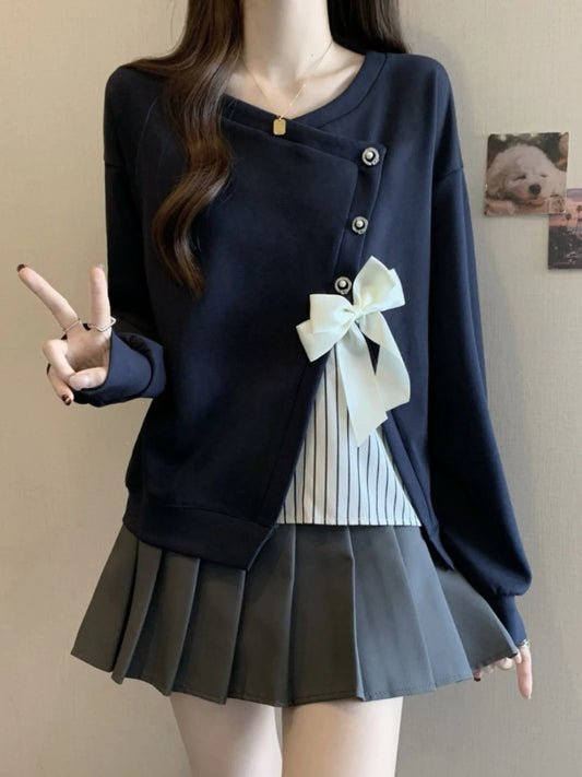 Spring And Autumn Sweatshirt For Women Bow Aesthetic Long Sleeve Korean Fashion Matching Cotton Emo Splicing Woman Pullover Tops