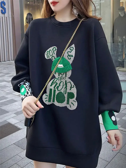 Sweatshirt for Women BlackGraphic Long Woman Tops Loose Embroidered Pullover Baggy Korean Popular Clothes Emo New in 2025 Trend