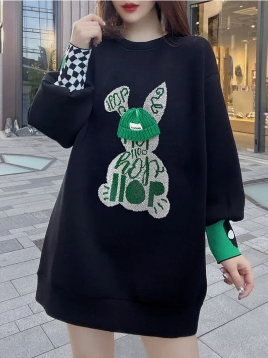 Sweatshirt for Women BlackGraphic Long Woman Tops Loose Embroidered Pullover Baggy Korean Popular Clothes Emo New in 2025 Trend