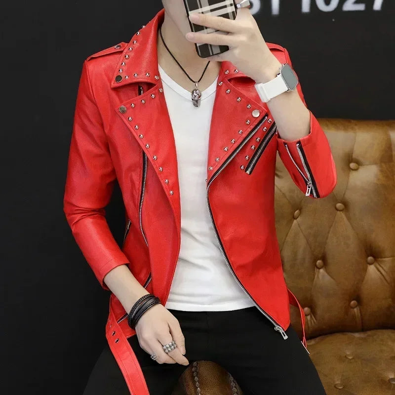 Men Slim Fit Rivet Oblique Zipper Leather Jacket Youth