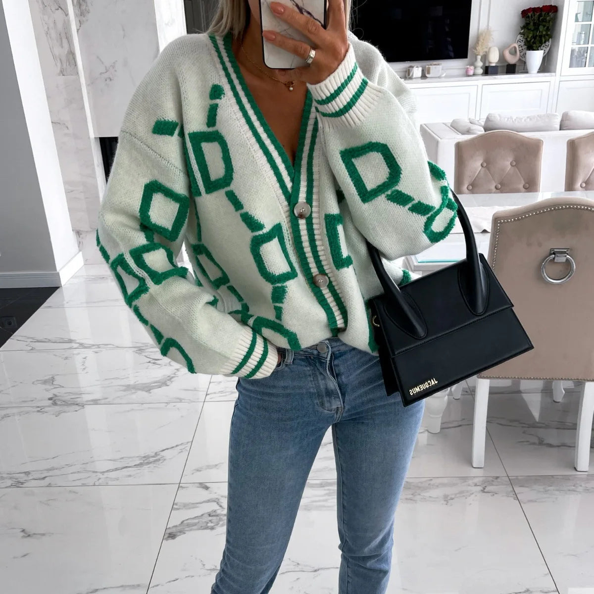 KK Jacquard Knitted Coat V-neck