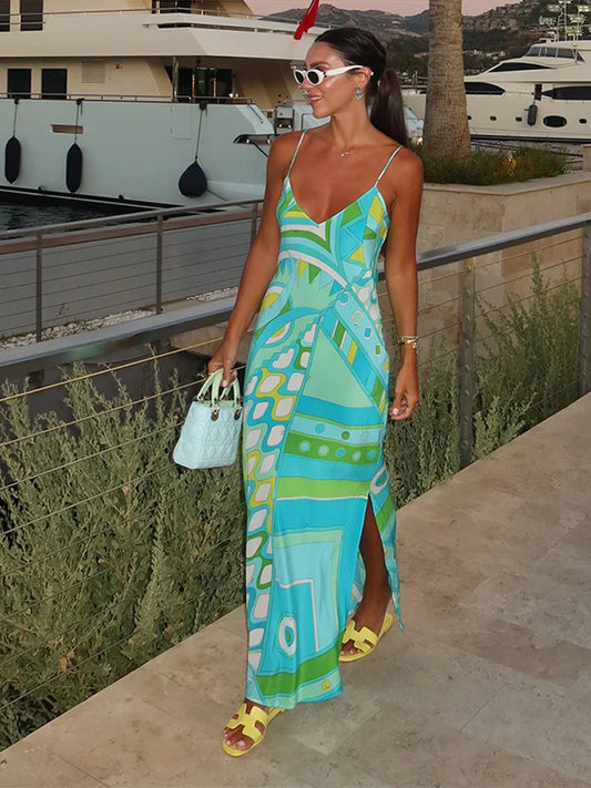 Chic Print Sling Long Dress Women Sleevless Backless Side Split Party Dresses 2026 Summer Street Beach Lady Ankle-length Robes