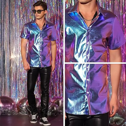Men's 70‘s Disco Metallic Shiny Gold Shirt For Party Stage Night Club Short Sleeve Shirt Men Stylish Prom Banquet Chemise Hombre