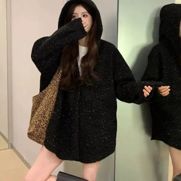 Autumn and Winter Hooded Black Versatile Coat