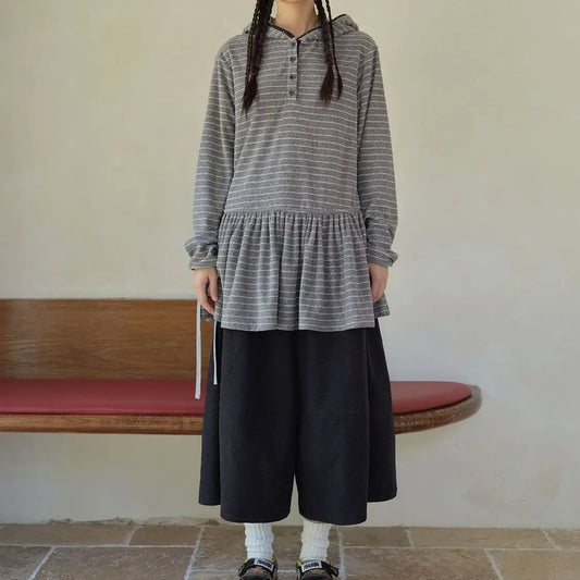 Hooded Sweatshirt New College Women's Gray and White Striped Long Sleeve T-shirt Base Layer