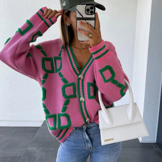 Autumn Winter Jacquard Knitted Coat Women Fashion V-neck Long Sleeve Single Breasted Knitting Cardigan Coats Female Streetwear