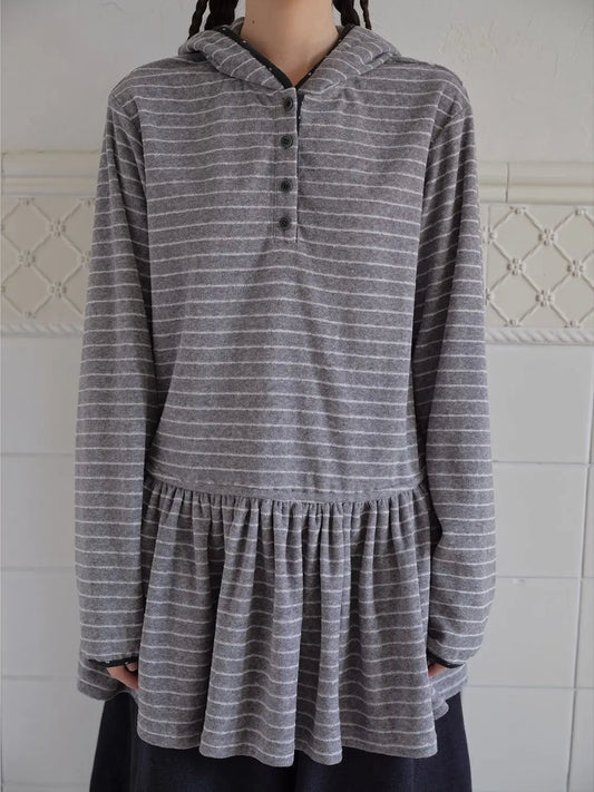 Hooded Sweatshirt New College Women's Gray and White Striped Long Sleeve T-shirt Base Layer