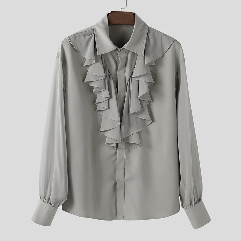 INCERUN Unisex Shirt Solid Color Ruffle Lapel Long Sleeve Casual Unisex Clothing Loose Elegant Streetwear 2025 Fashion Male Shirts