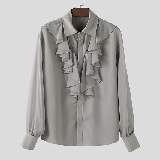 INCERUN Unisex Shirt Solid Color Ruffle Lapel Long Sleeve Casual Unisex Clothing Loose Elegant Streetwear 2025 Fashion Male Shirts