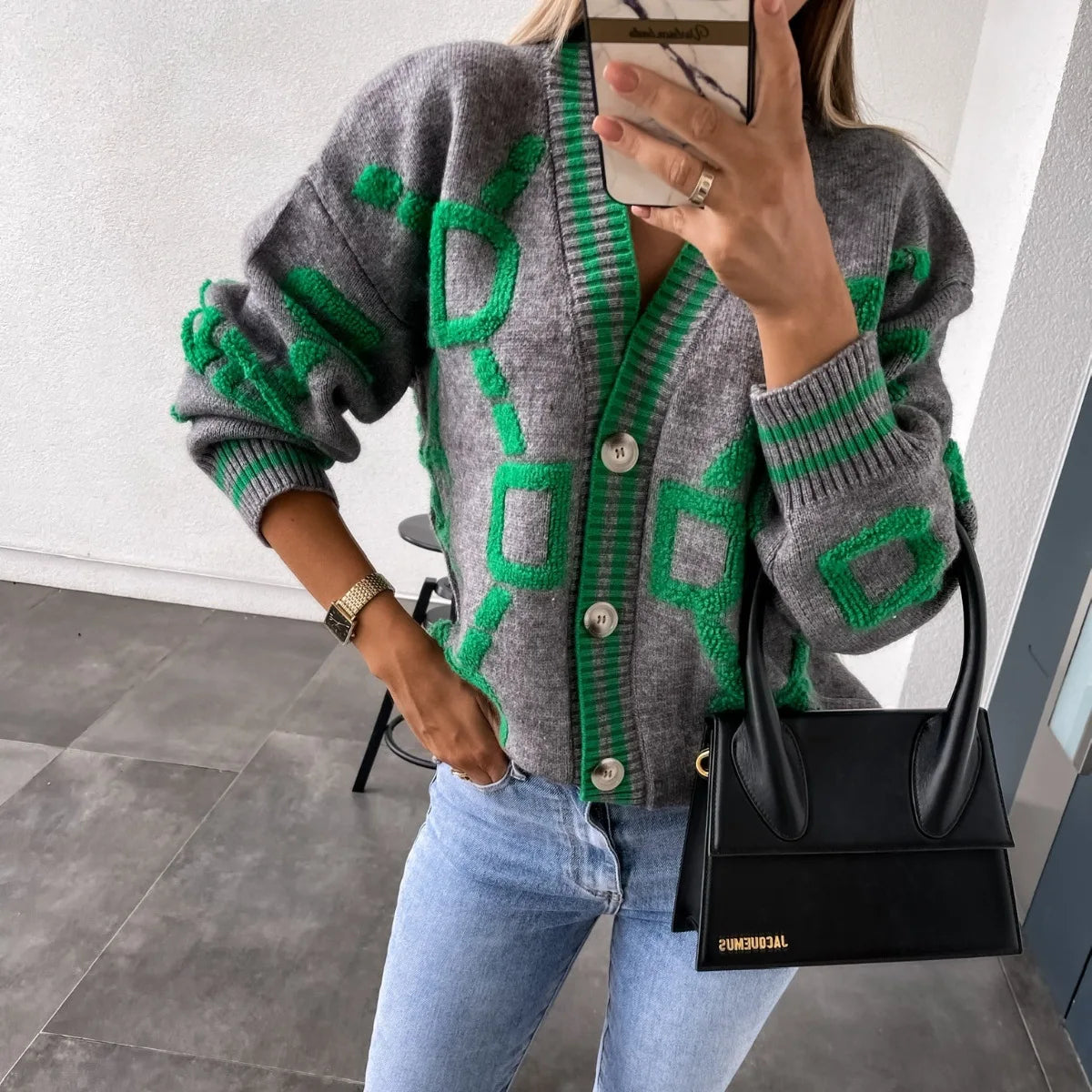 KK Jacquard Knitted Coat V-neck
