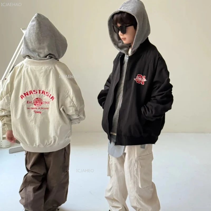 Kids Jacket Boys Girls Korean Style Unisex Toddler Fake Two-Piece Jacket Letter Print Hoodie Long Sleeve Baseball Coat Autumn