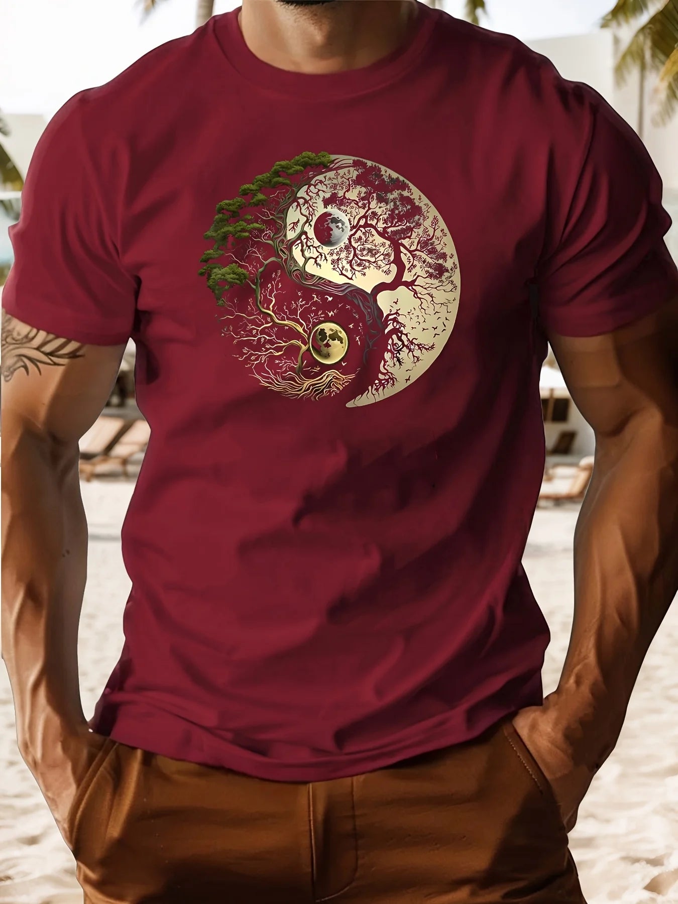 Men's summer 100% pure cotton fashionable casual loose sports yin-yang tree pattern print round neck short sleeved T-shirt top