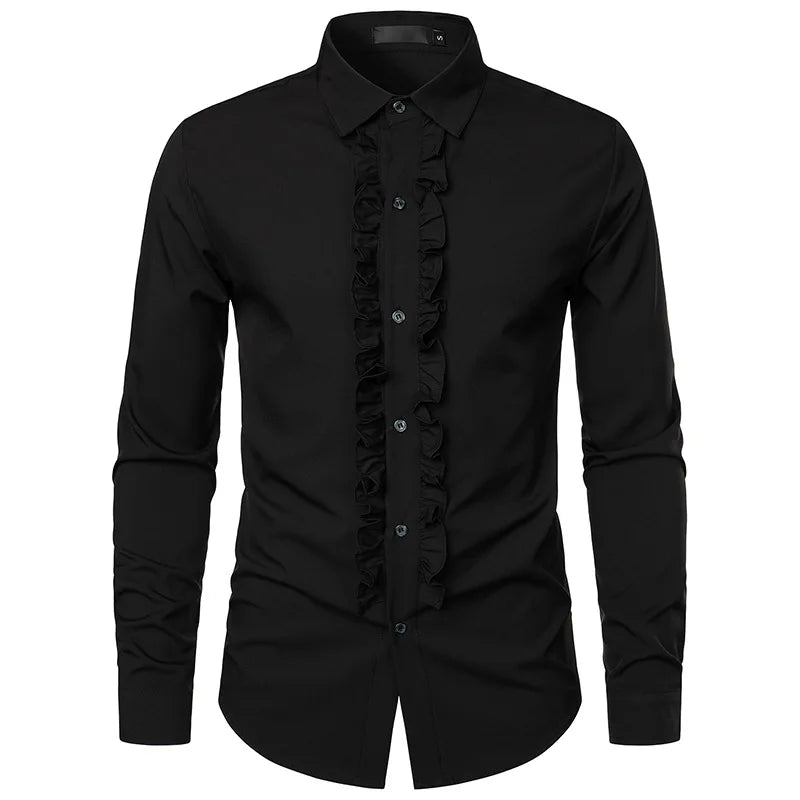 New 2025 Men's Long Sleeve Tuxedo Shirts Fashion Party Wedding Male Dress Shirts Ruffle Pleated Design Solid Shirt Chemise Homme