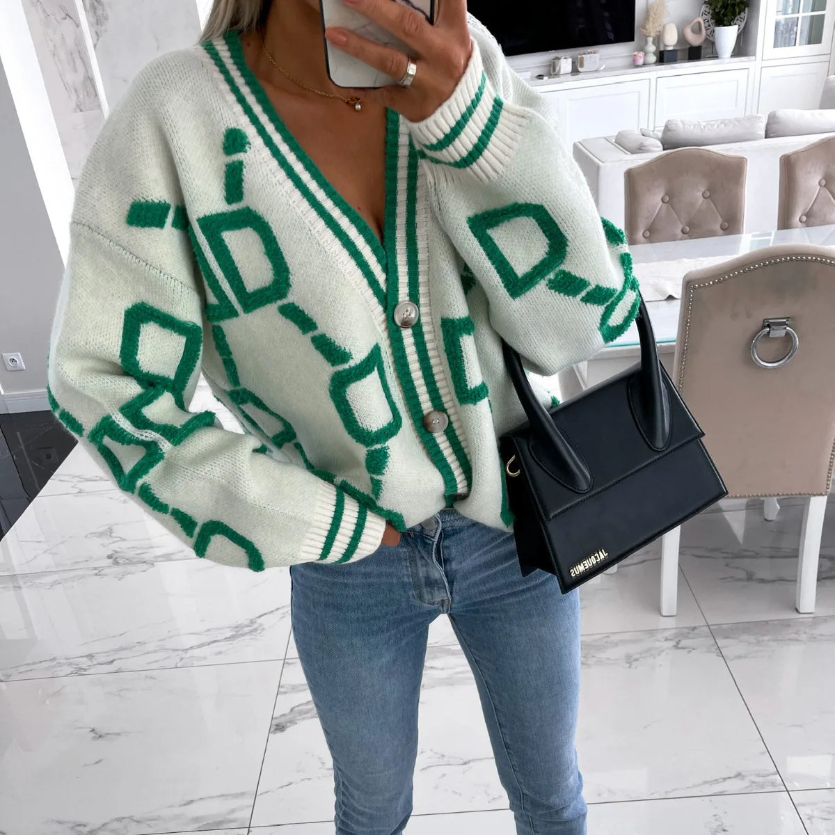 KK Jacquard Knitted Coat V-neck