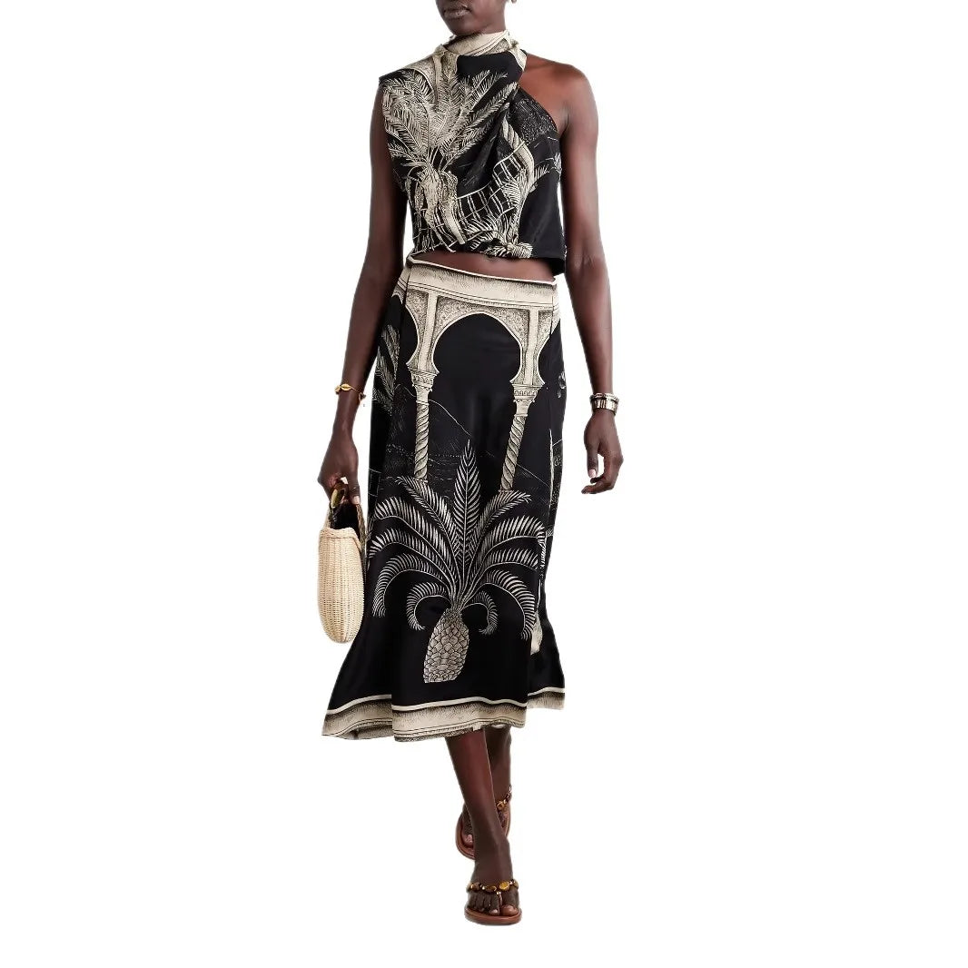 KK Vintage Print Satin Skirt Two Piece Set