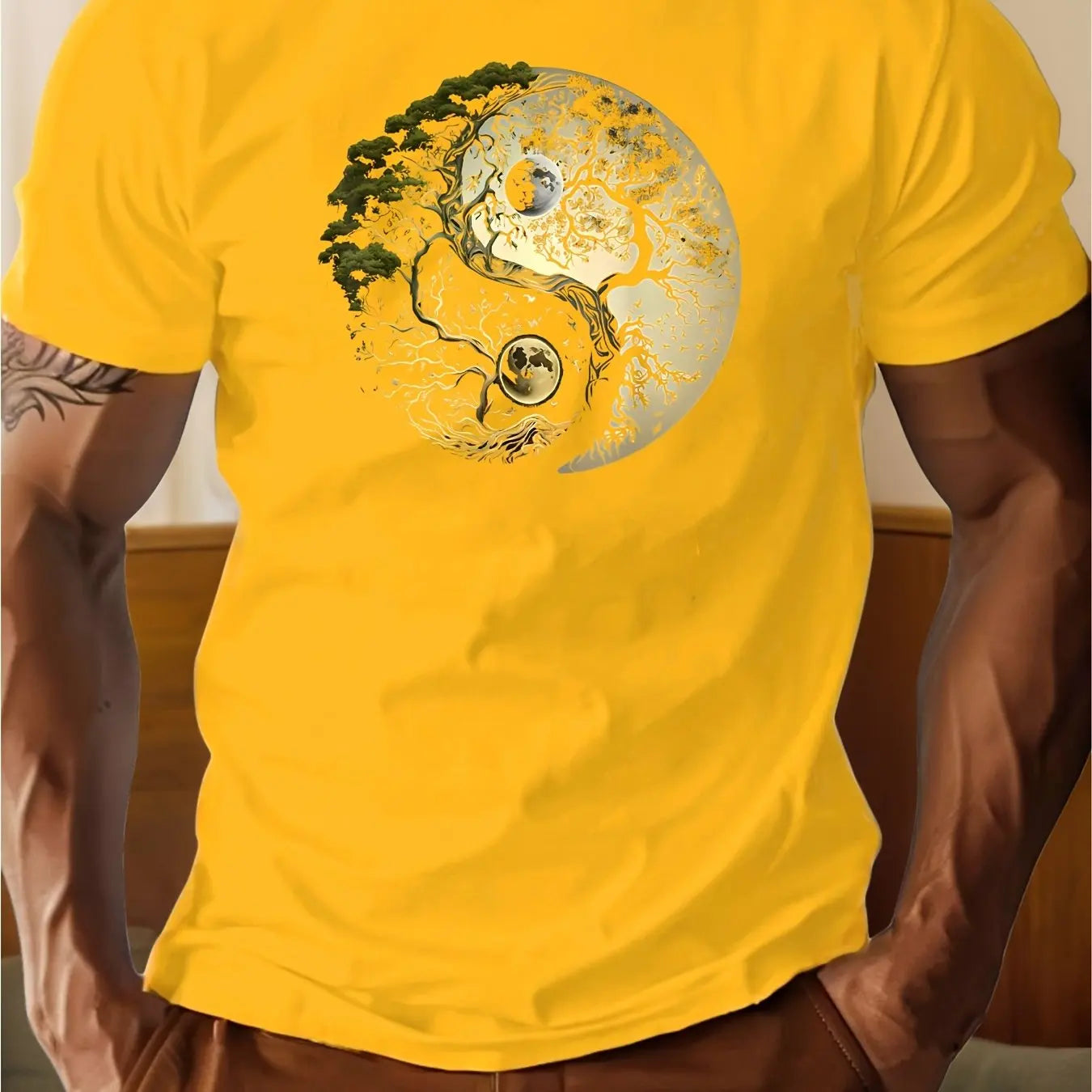 Men's summer 100% pure cotton fashionable casual loose sports yin-yang tree pattern print round neck short sleeved T-shirt top