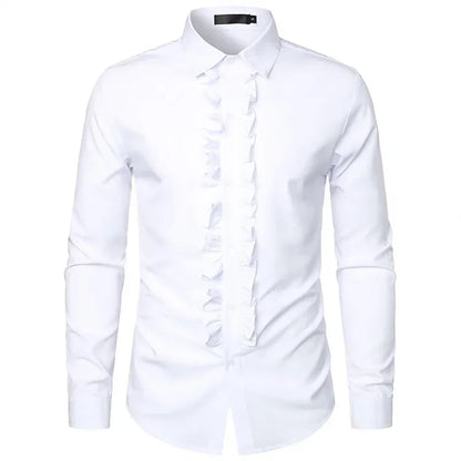 New 2025 Men's Long Sleeve Tuxedo Shirts Fashion Party Wedding Male Dress Shirts Ruffle Pleated Design Solid Shirt Chemise Homme