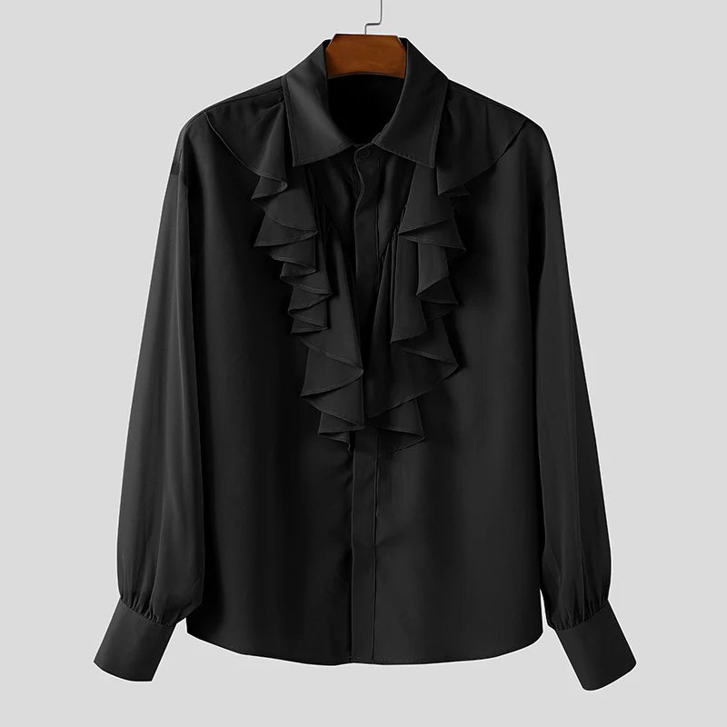 INCERUN Unisex Shirt Solid Color Ruffle Lapel Long Sleeve Casual Unisex Clothing Loose Elegant Streetwear 2025 Fashion Male Shirts