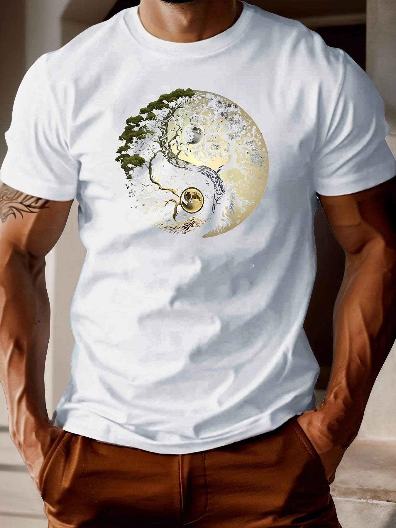 Men's summer 100% pure cotton fashionable casual loose sports yin-yang tree pattern print round neck short sleeved T-shirt top