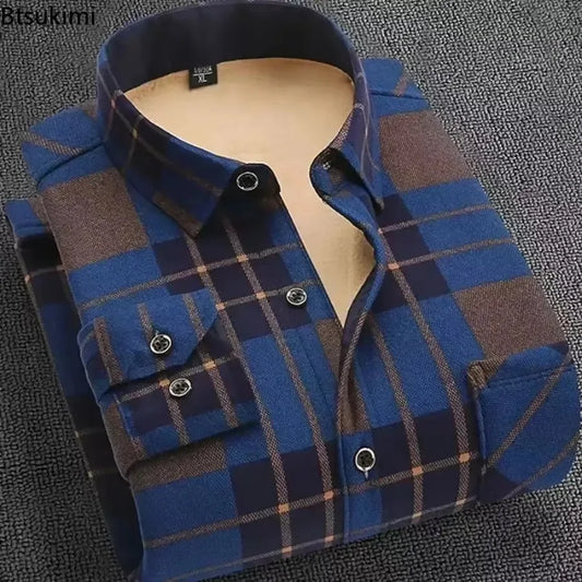 2026 Men's Autumn Winter Thick Warm Long Sleeve Plaid Shirt Thick Fleece Warm Casual Shirts for Men Oversized Plaid Shirts Male