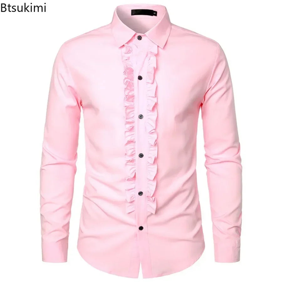 New 2025 Men's Long Sleeve Tuxedo Shirts Fashion Party Wedding Male Dress Shirts Ruffle Pleated Design Solid Shirt Chemise Homme