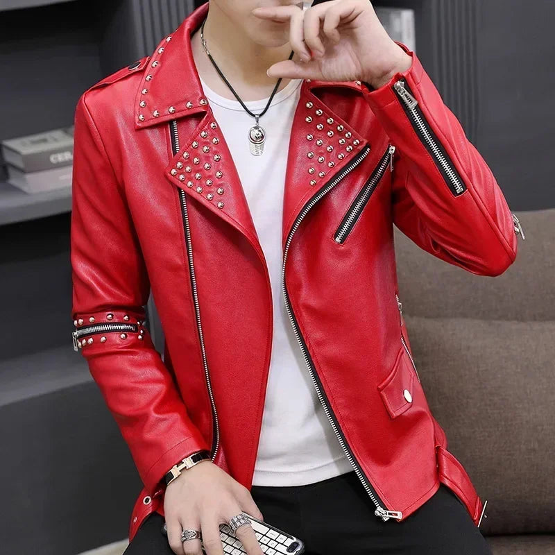 Men Slim Fit Rivet Oblique Zipper Leather Jacket Youth