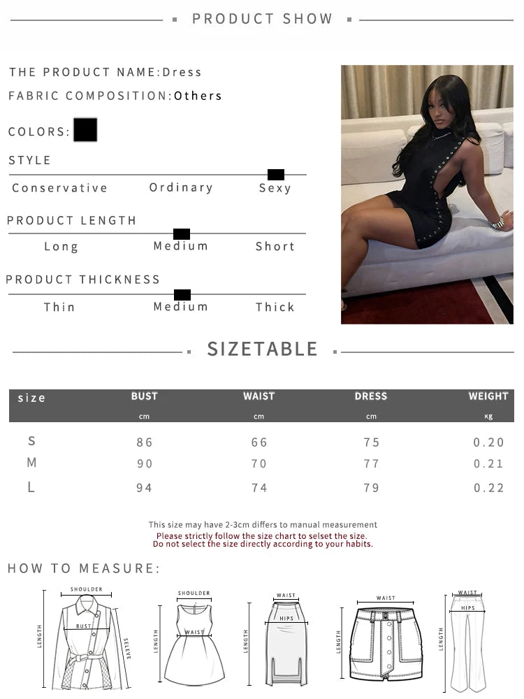 Nibber Peach Hip Mini Dress Woman o-Neck Sleeveless Side Hollow Design Metal Rings Decoration Skinny Midnight Club Party Bodycon