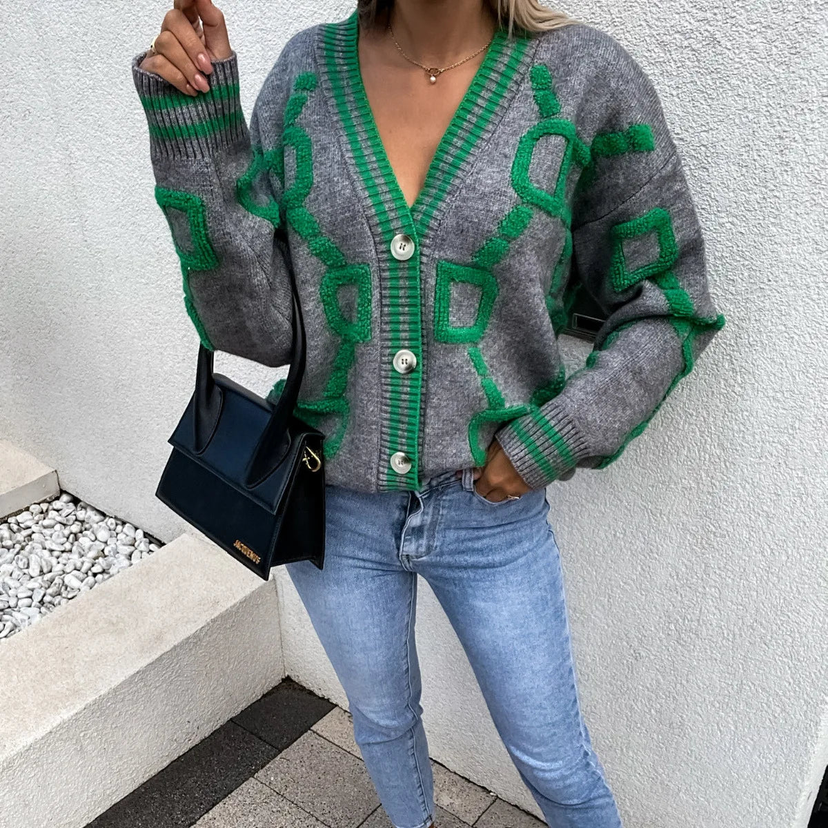 KK Jacquard Knitted Coat V-neck