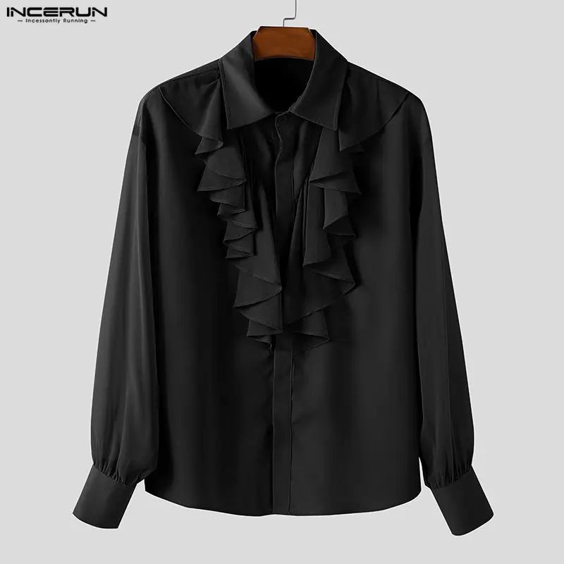INCERUN Unisex Shirt Solid Color Ruffle Lapel Long Sleeve Casual Unisex Clothing Loose Elegant Streetwear 2025 Fashion Male Shirts