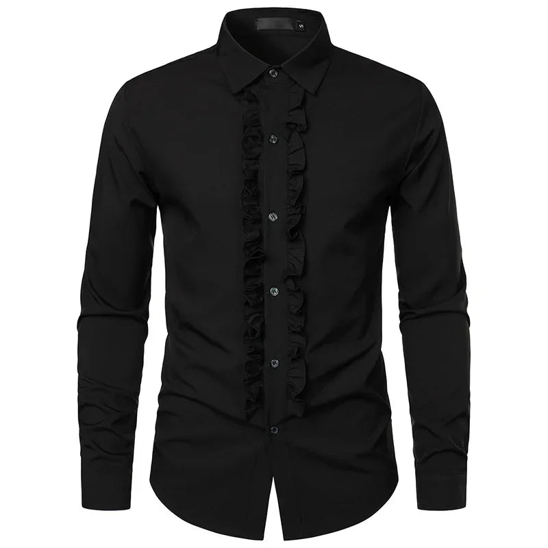 New 2025 Men's Long Sleeve Tuxedo Shirts Fashion Party Wedding Male Dress Shirts Ruffle Pleated Design Solid Shirt Chemise Homme