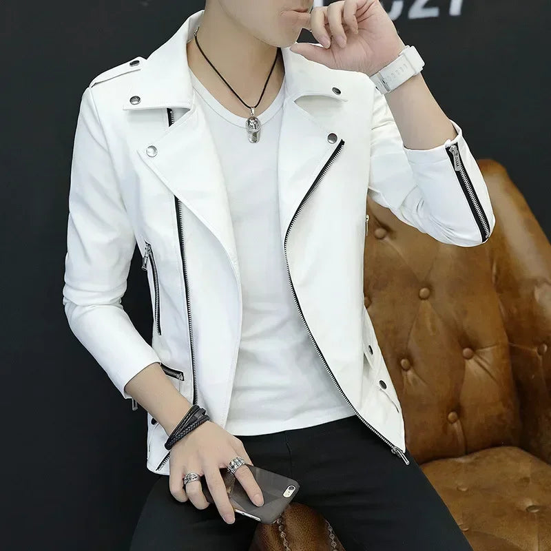 Men Slim Fit Rivet Oblique Zipper Leather Jacket Youth