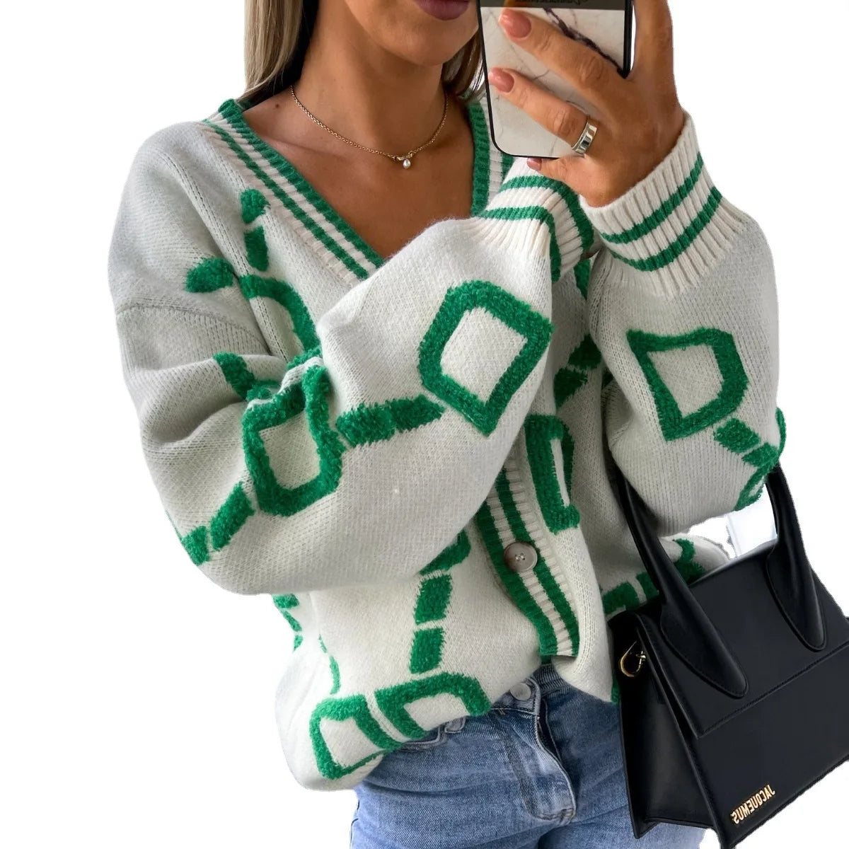 KK Jacquard Knitted Coat V-neck