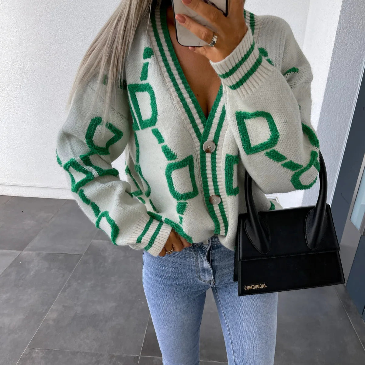 KK Jacquard Knitted Coat V-neck