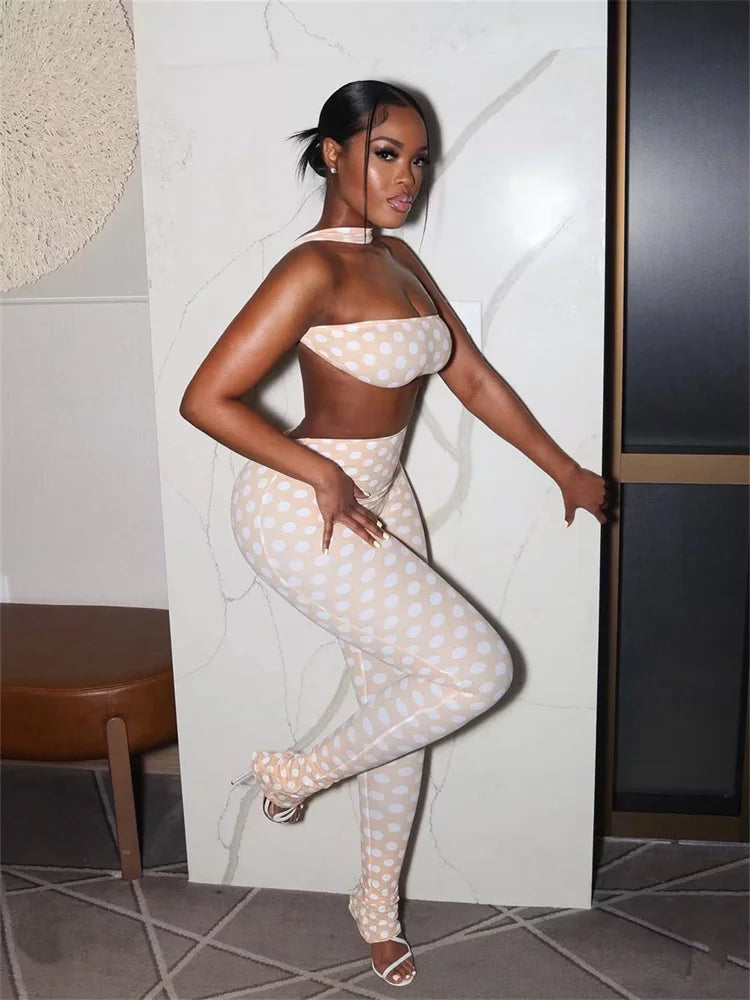 Weird Puss Hottie Polka Dot 2-Piece Set Women Halter Chest Wrapped Backless Top+Ruched Peach Hip Pants Stretch Skinny Clubwear