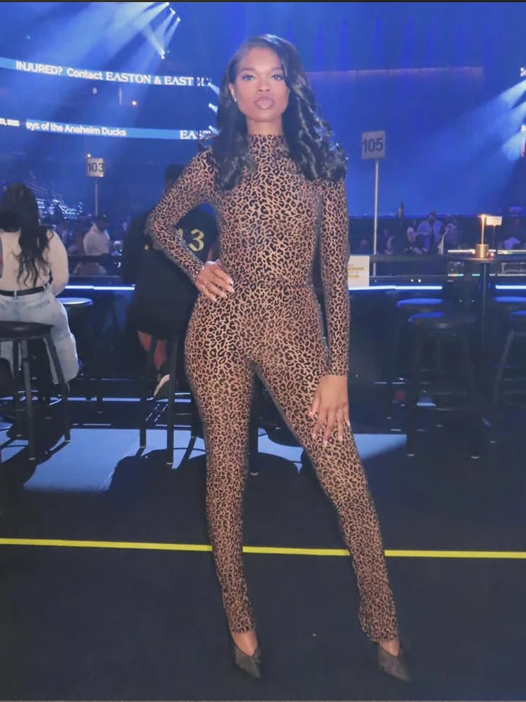 KK See Through Leopard Mesh Jumpsuits