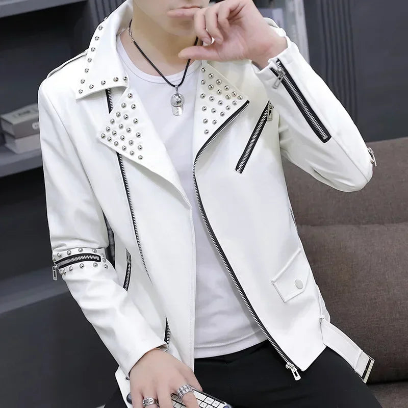 Men Slim Fit Rivet Oblique Zipper Leather Jacket Youth
