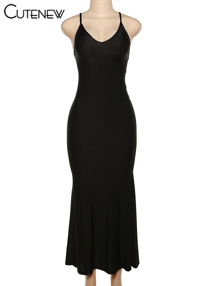 Nibber Red Shiny Spaghetti Strap Maxi Dress Women Solid Sexy Backless Ruched Cleavage Body-shaping Robe Lady Hipster Streetwear