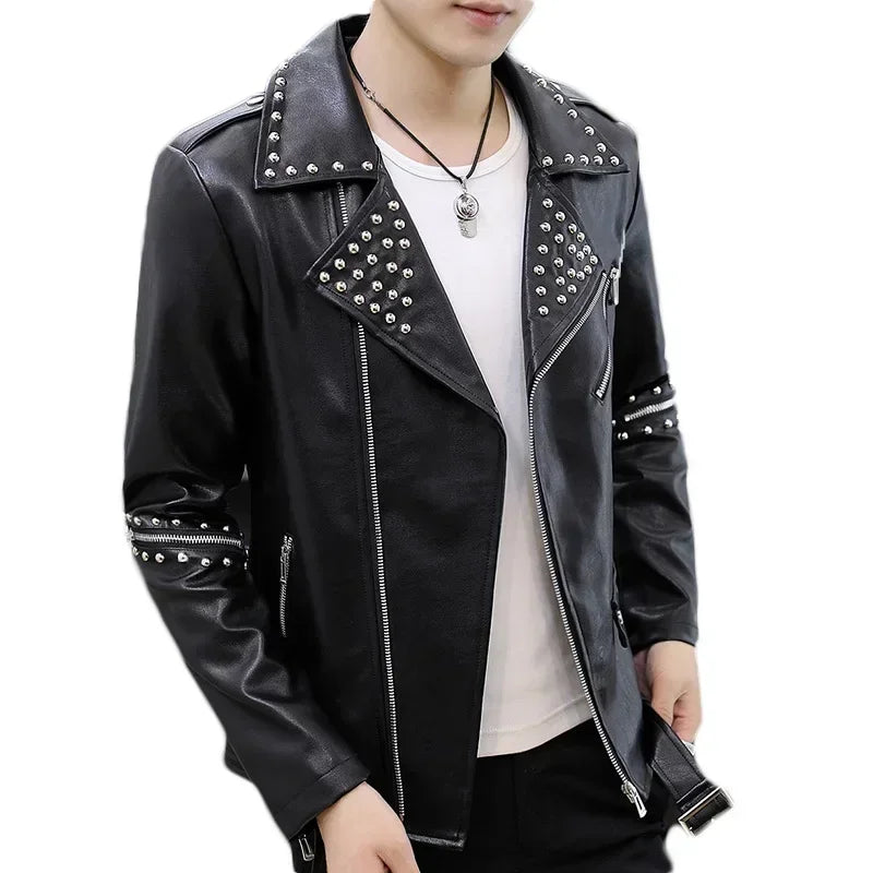 Men Slim Fit Rivet Oblique Zipper Leather Jacket Youth