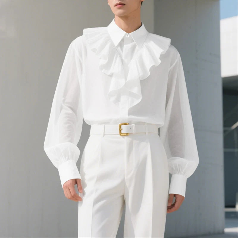 INCERUN Unisex Shirt Solid Color Ruffle Lapel Long Sleeve Casual Unisex Clothing Loose Elegant Streetwear 2025 Fashion Male Shirts