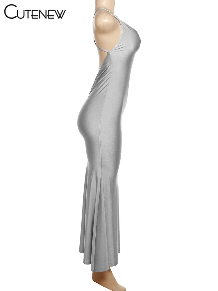 Nibber Red Shiny Spaghetti Strap Maxi Dress Women Solid Sexy Backless Ruched Cleavage Body-shaping Robe Lady Hipster Streetwear