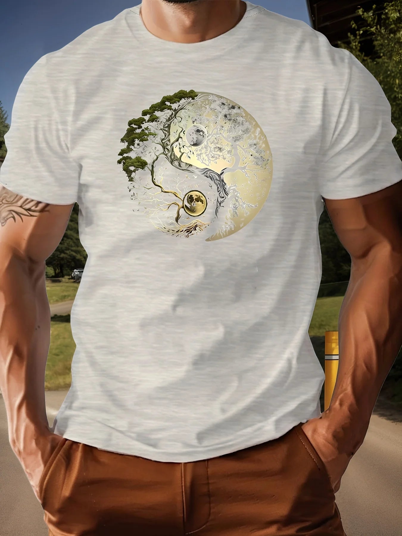 Men's summer 100% pure cotton fashionable casual loose sports yin-yang tree pattern print round neck short sleeved T-shirt top