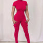 New Women's Jumpsuits Sexy Sweet Pink Hollow Out Jumpsuit Streetwear Fashion Pockets Short Sleeve Lady Elegant Rompers Clothing