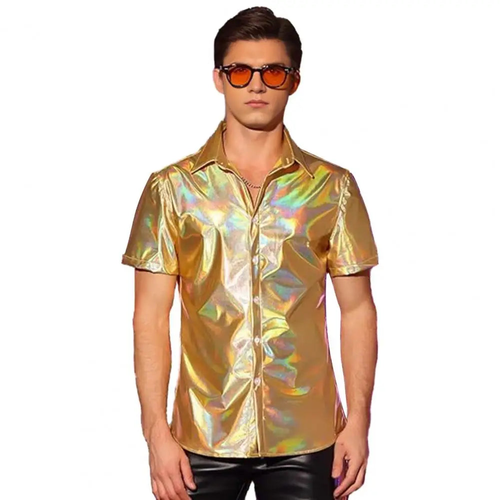 Men's 70‘s Disco Metallic Shiny Gold Shirt For Party Stage Night Club Short Sleeve Shirt Men Stylish Prom Banquet Chemise Hombre
