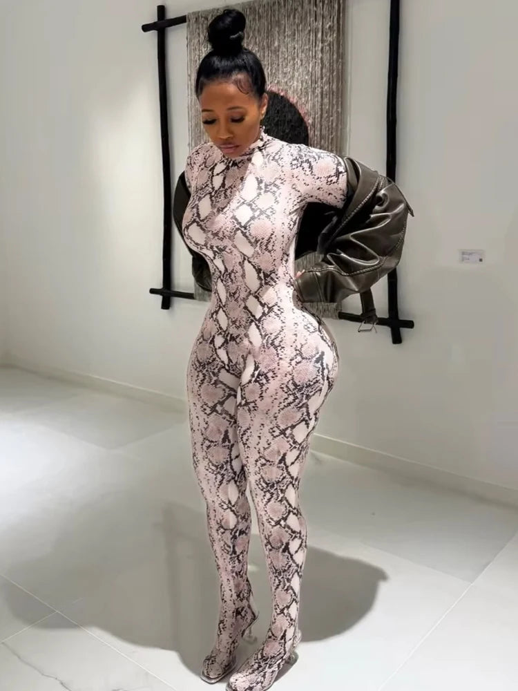 KK Snake Print Foot Jumpsuits