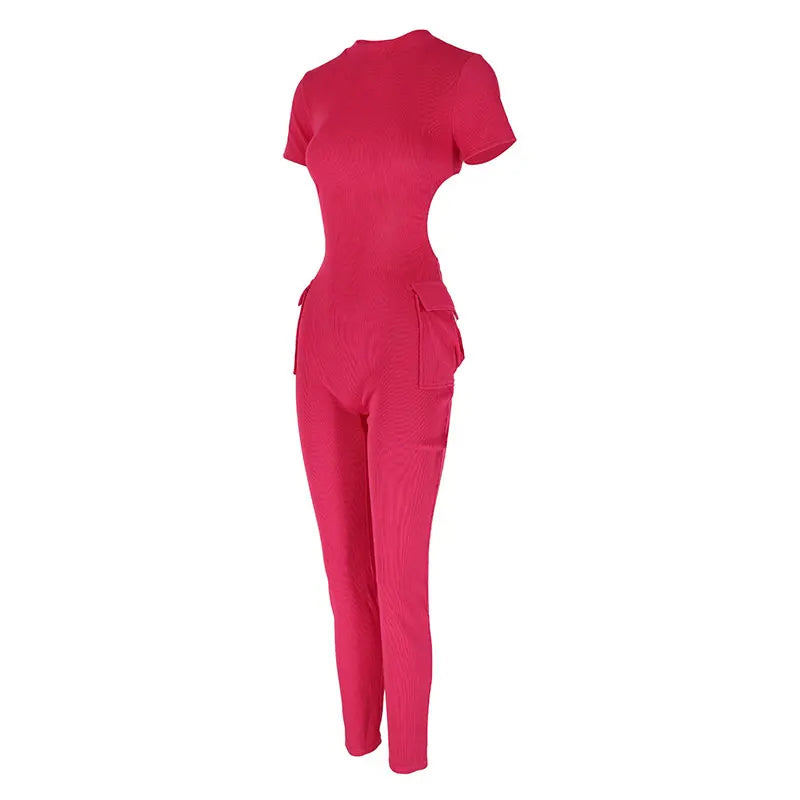 New Women's Jumpsuits Sexy Sweet Pink Hollow Out Jumpsuit Streetwear Fashion Pockets Short Sleeve Lady Elegant Rompers Clothing
