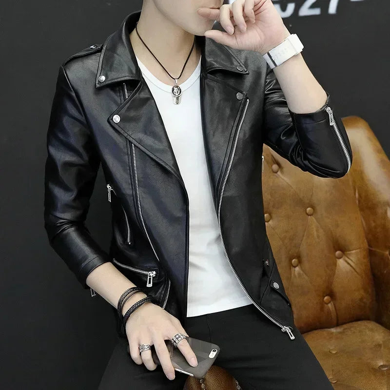 Men Slim Fit Rivet Oblique Zipper Leather Jacket Youth