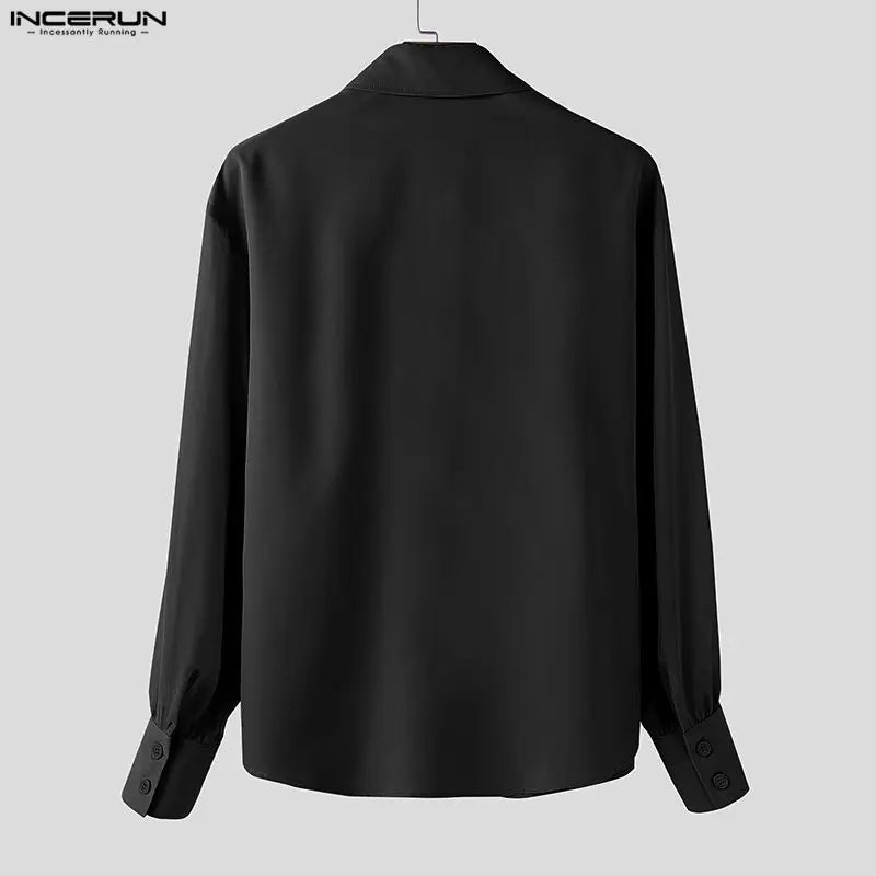 INCERUN Unisex Shirt Solid Color Ruffle Lapel Long Sleeve Casual Unisex Clothing Loose Elegant Streetwear 2025 Fashion Male Shirts