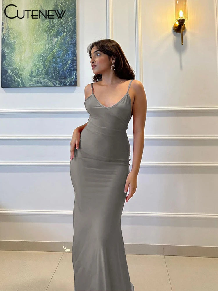 Nibber Red Shiny Spaghetti Strap Maxi Dress Women Solid Sexy Backless Ruched Cleavage Body-shaping Robe Lady Hipster Streetwear