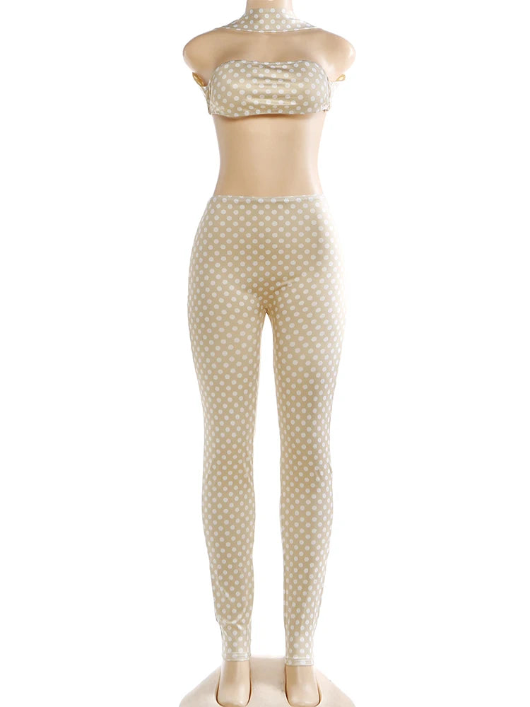 Weird Puss Hottie Polka Dot 2-Piece Set Women Halter Chest Wrapped Backless Top+Ruched Peach Hip Pants Stretch Skinny Clubwear