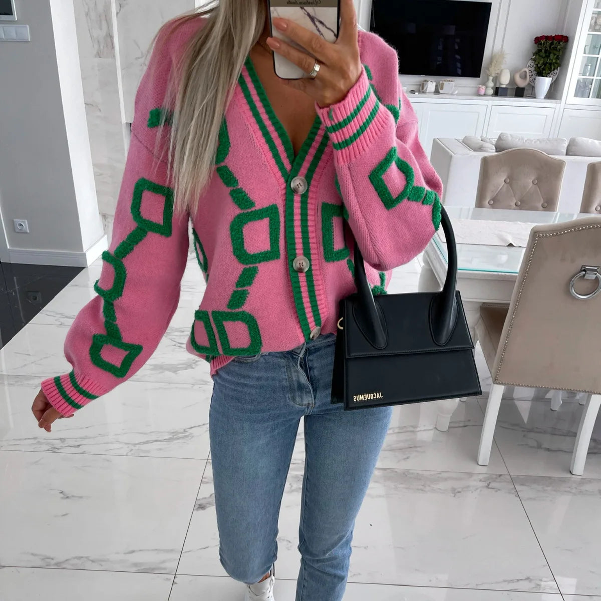 KK Jacquard Knitted Coat V-neck